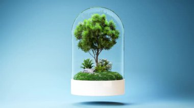 Camdan bir kubbenin içinde, sürdürülebilirliği, ekolojiyi ve doğal dengeyi sembolize eden yemyeşil bir ağaç içeren minyatür bir ekosistem teraryumunun 3 boyutlu canlandırması..