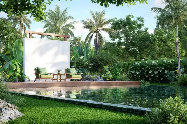 Berrak bir havuz, ahşap sandalyeler ve yemyeşil, dingin, modern açık hava yaşamı ve doğal zarafeti gösteren 3 boyutlu bir tropikal bahçe görüntüsü..