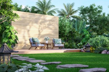 Üç boyutlu bir tropikal bahçe salonu ahşap sandalyeler, yaprak desenli yastıklar, çiçekli vazolar ve beyaz duvardaki yumuşak gölgeler modern sükuneti yemyeşil doğal elementlerle harmanlıyor..