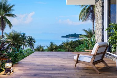 Çağdaş stil ahşap teras, deniz manzaralı, tropikal bir bahçe 3D döşemesi, ahşap sandalyeyle süslenmiş ahşap döşemeler var.