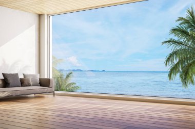 Modern çağdaş tarz oturma odası, deniz manzaralı, 3 boyutlu, ahşap zemin, güzel mavi deniz manzaralı beyaz duvar.