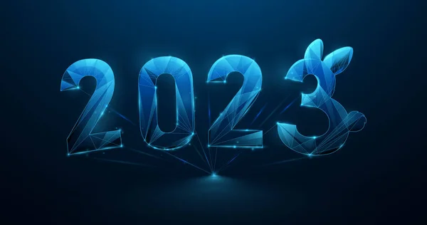 蓝色2023与兔子在深蓝色背景的数字 3D线框和低多边形设计 矢量说明 — 图库矢量图片
