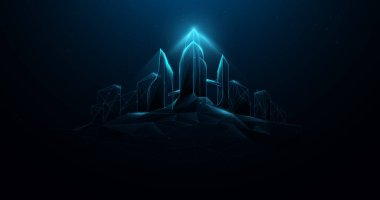 Akıllı, fütüristik şehir, mavi arka plandaki ağları birbirine bağlayan çizgiler ve üçgenler oluşturur. Görüntü vektörü