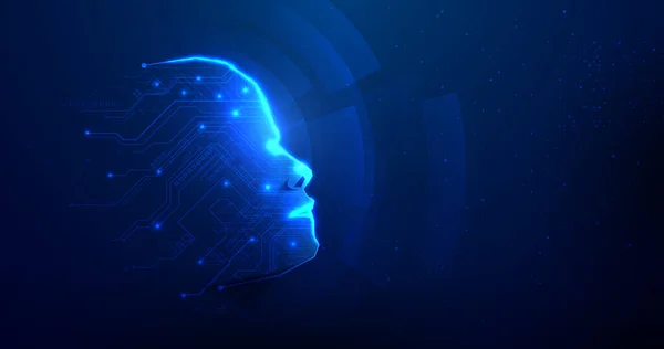 人工智能 具有数字脑处理的人头 未来的网络技术 电路板背景 — 图库矢量图片