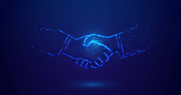 Рукопожатие деловых партнеров. Сделка, партнерство, работа, технологическая конфронтация. Векторная иллюстрация