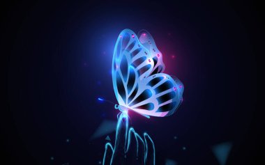 Parmakların üzerinde oturan renkli kelebek. Noktalar ve çizgilerden düşük çokgen ve tel. Vektör illüstrasyonu