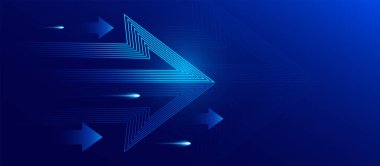 Parlayan ok geometrik çizgileri olan mavi soyut arkaplan. Modern parlak mavi çizgiler deseni. Gelecekçi teknoloji konsepti. Vektör illüstrasyonu