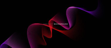 Teknolojik bağlantı kavramına sahip kırmızı ve mor dalgalı çizgileri olan soyut bir arkaplan. Modern, modaya uygun, parlak çizgi desenli afiş. Vektör pankartı
