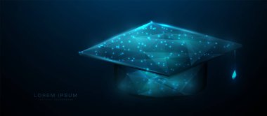 Eğitim ve mezuniyet konsepti. Mezuniyet yüzbaşısı. Düşük çokgen, kablo çerçevesi, doğrusal ve ağ resimlemesi