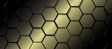 Lüks arka planı olan soyut altın altıgen geometrik desen. Fütürist dijital yüksek teknoloji pankartı. Vektör illüstrasyonu