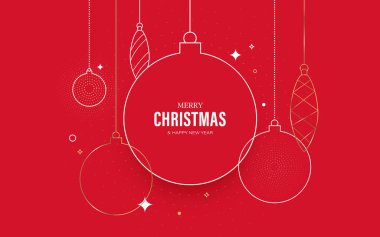 Kırmızı arkaplanda asılan minimalist süslemelerin yer aldığı modern Mutlu Noeller. Vektör illüstrasyonu