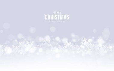 Beyaz kar taneleri, yumuşak bokeh ışıkları ve 'Mutlu Noeller' tebrikleriyle şenlikli bir Noel arkaplanı.