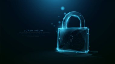 Parlak çokgen ve bağlantılardan oluşan gelecekçi dijital asma kilit, siber güvenlik ve veri korumasını sembolize ediyor