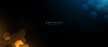 Koyu bir arka planda parlayan mavi ve altın renkli altı köşeli desenli soyut gelecek 3D görüntüleme