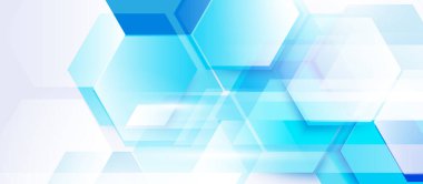 Mavi ve beyaz tonlarında üst üste binen altıgenlerin modern, geometrik tarzda üst üste bindiği fütüristik soyut arkaplan