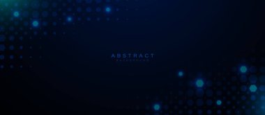 Parlayan altıgenler ve dijital ışık efektleriyle koyu mavi soyut arkaplan, teknoloji ve gelecekteki tasarımlar için ideal