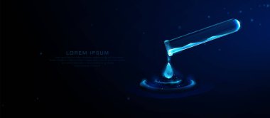 Fütürist bilim, araştırma ve biyoteknolojiyi sembolize eden bir damlacık salgılayan parlayan dijital test tüpü