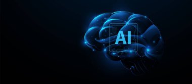 Koyu fütüristik arka planda yüksek teknolojili yapay zeka harfleriyle parlayan beyin.