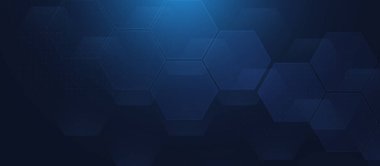 Parlayan şeffaf altıgenler ve ince dijital şablona sahip koyu mavi soyut arkaplan