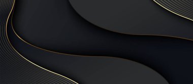 Soyut siyah dalgalı şekilli, altın çizgili arka plan. Lüks pankart, sunum. Geometrik kağıt lüks arkaplanı kesti