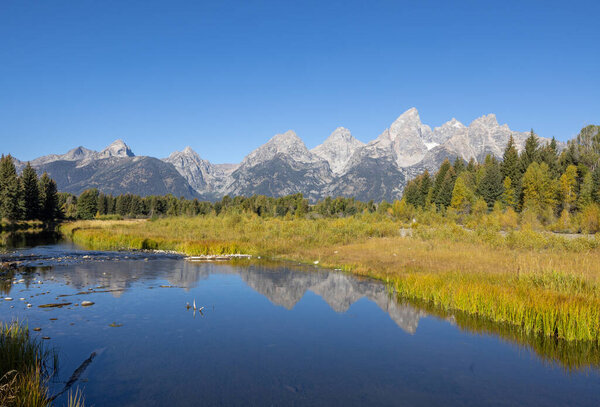 a scenic autumn landscape reflection in Grand Teton National Park Wyoming