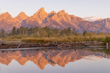 a beautiful sunrise landscape reflection in the Tetons in autumn