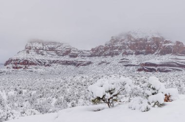 Sedona Arizona 'da kışın manzaralı bir kar manzarası.