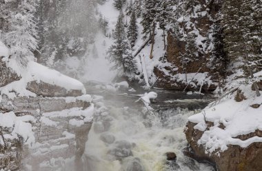 Yellowstone Ulusal Parkı Wyoming 'deki Firehole Nehri üzerinde manzaralı bir kış manzarası.