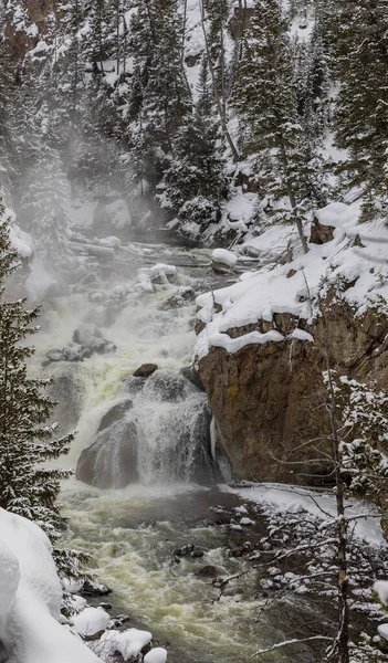 黄石公园怀俄明州火洞河畔的风景优美的冬季风景 — 图库照片