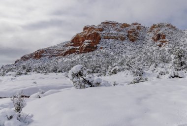 Sedona Arizona 'da kışın manzaralı bir kar manzarası.