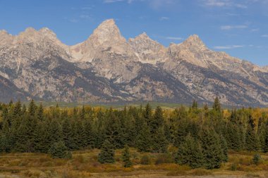 Grand Teton Ulusal Parkı Wyoming 'de sonbaharda manzaralı bir manzara.