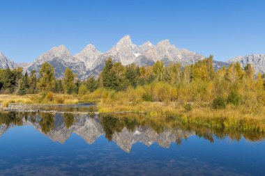 Sonbaharda Tetons 'da manzaranın yansıması.