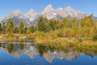 Sonbaharda Tetons 'da manzaranın yansıması.