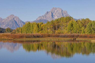 Grand Teton Ulusal Parkı Wyoming 'de sonbaharda güzel bir yansıma manzarası.