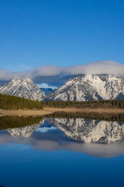 Grand Teton Ulusal Parkı Wyoming 'deki Jackson Gölü' nün manzaralı yansıması.