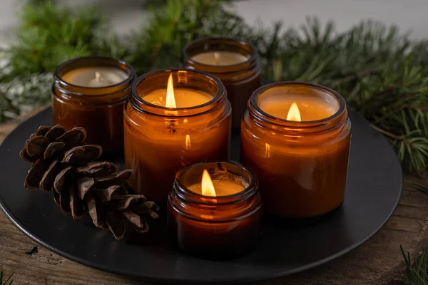 Soy Candles Burn Glass Jars Comfort Home Candle Brown Jar — Stock Photo, Image