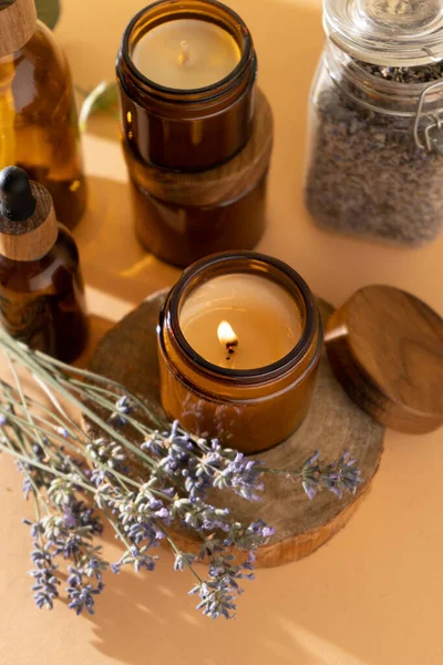 Soy Candles Glass Jar Aromatherapy Burning Candle Lavender Wooden Lid — ストック写真