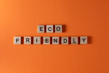Ahşap harflerle ECO 'nun dostça tabiri. Motivasyon ve slogan. Turuncu arkaplan.