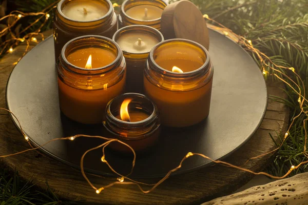 Sojakerzen Brennen Glas Komfort Hause Kerze Einem Braunen Glas Duft — Stockfoto