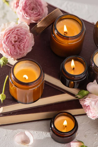Set Different Aroma Candles Brown Glass Jars Scented Handmade Candle — Zdjęcie stockowe