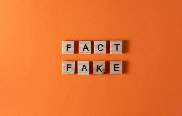 Fake Fact Word Phrase Wooden Letters Motivation Slogan Orange Background — Stock Photo, Image