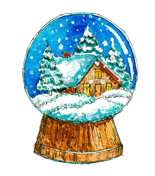 Skleněná Koule Sněhem Dům Veselé Vánoční Stromky Izolované Akvarel Ruce — Stock fotografie