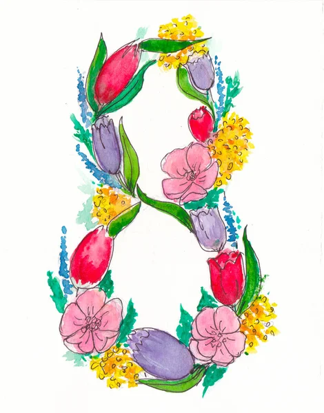 Номер Квітів Весняний Фон Березня Акварельний Малюнок Квіткова Ілюстрація Жіночий — стокове фото