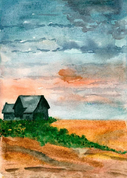 Landscape Lonely House Watercolor Illustration Painting Handmade Design Hand Drawn — Stock Photo, Image
