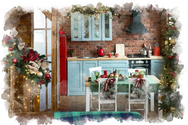 Christmas at home. Festive decor in the kitchen room. Watercolor illustration. New Year december mood. Painting background