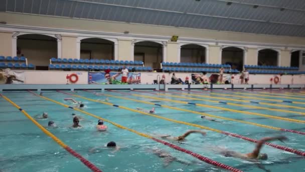 Groot Zwembad Veel Mensen Zwemmen Paden Kinderen Gaan Sporten Jongens — Stockvideo