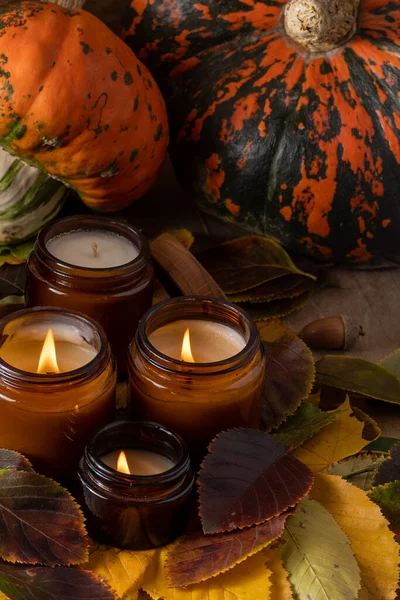 Soy candles burn in glass jars. Tree leaves, pumpkin. Comfort at home. Candle in a brown jar. Scent and light. Scented handmade candle. Aroma therapy. Autumn mood. Cozy home decor in fall.