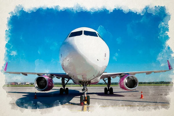 Passenger plane watercolor illustration. Travel postcard aircraft background. Blue sky with place for text Copy space.