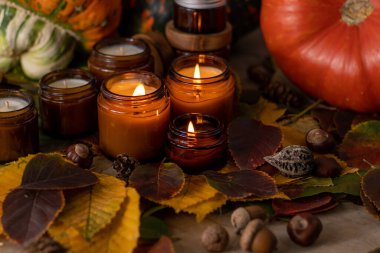 Soya mumları cam kavanozlarda yanar. Ağaç yaprakları, balkabağım. Evdeki rahatlık. Kahverengi kavanozdaki mum. Koku ve ışık. Kokulu el yapımı mum. Aroma terapisi. Sonbahar havası. Sonbaharda rahat ev dekorasyonu.