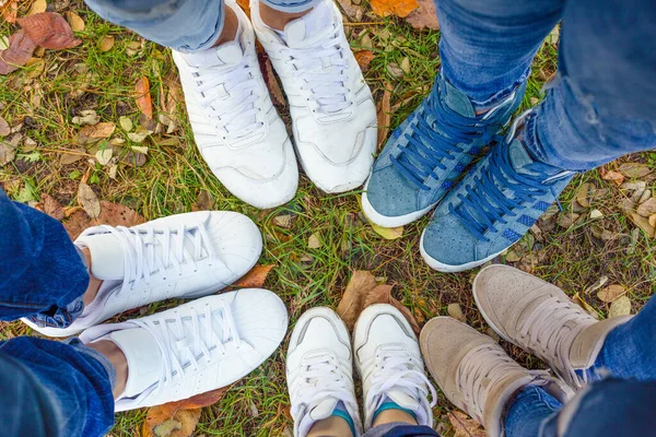 Legs of people in sneakers. The family walks in a circle. Team building team runs outdoors in autumn in nature. Blue jeans. Walk in the park. Sporty comfortable everyday shoes. Company of friends